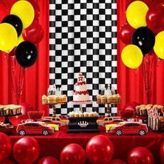 Race Party Decorations 2 Red Curtains 1 Black & White Grid 50 Balloons – Car