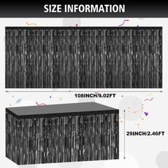 2 Pack 29.5×108 Inch Black Foil Tinsel Fringe Table Skirts, Disposable Table