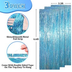 3 Pack 3.3 x 6.6 ft Light Blue Foil Fringe Backdrop Curtains, Tinsel Streamer…