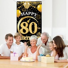 80th Birthday Decorations Door Banner – 1 Pcs Glitter Gold 80th Gold Black
