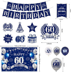 60Th Birthday Decorations for Men Women, Blue Silver Happy 60Th Birthday Banner