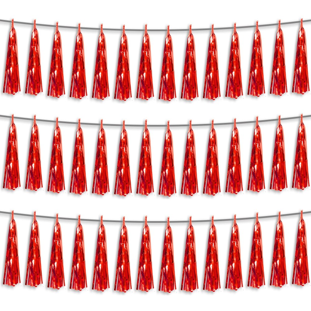 3P Red Foil Fringe Metallic Tassel Streamers Banner Garland for