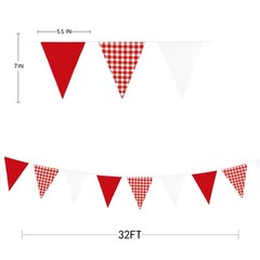 32Ft Red Party Decorations Red Plaid Checkered White Triangle Flag Gingham Pe…