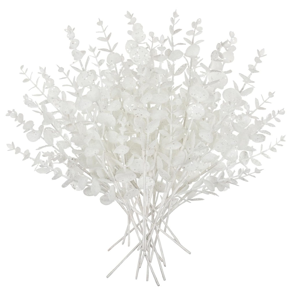 Hollyone 20 Pcs Glitter Artificial Eucalyptus 20pcs-Eucalyptus, White
