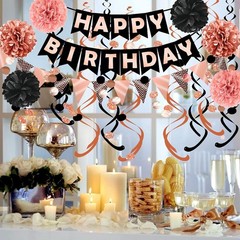 Complete Rose Gold & Black Birthday Party Set with Swirls and Honeycomb Balls