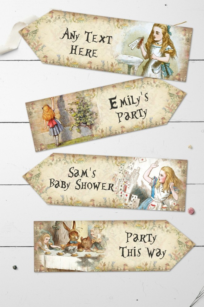 4 Alice in Wonderland Personalised Arrows Signs Any Occasion Birthday BabyShower