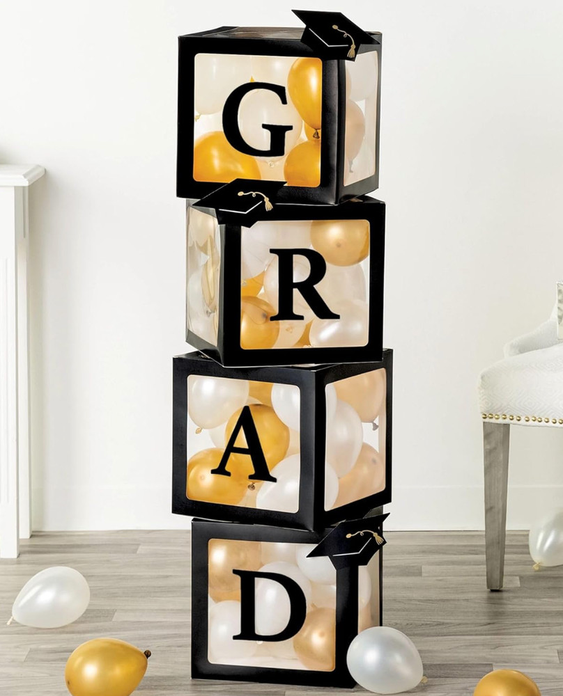 New 47″ Grad Balloon Black Box Kit with Latex Balloons Black, Gold Graduation
