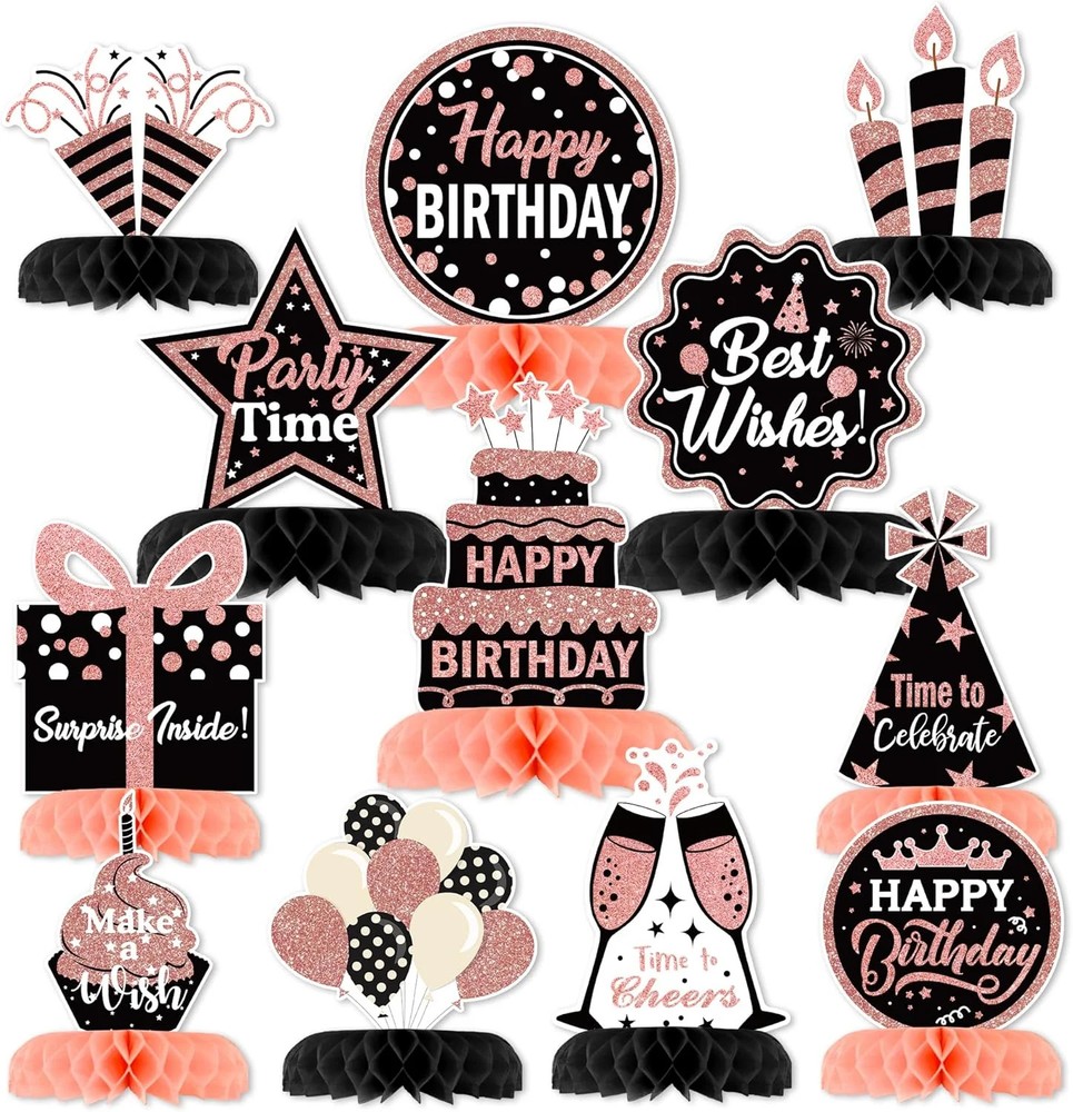 12 Pcs Birthday Table Decorations Glitter Rose Gold Black Birthday Decorations H