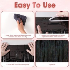 2 Pack Laser Black Tinsel Foil Fringe Curtains, Black Party Decorations, Meta…