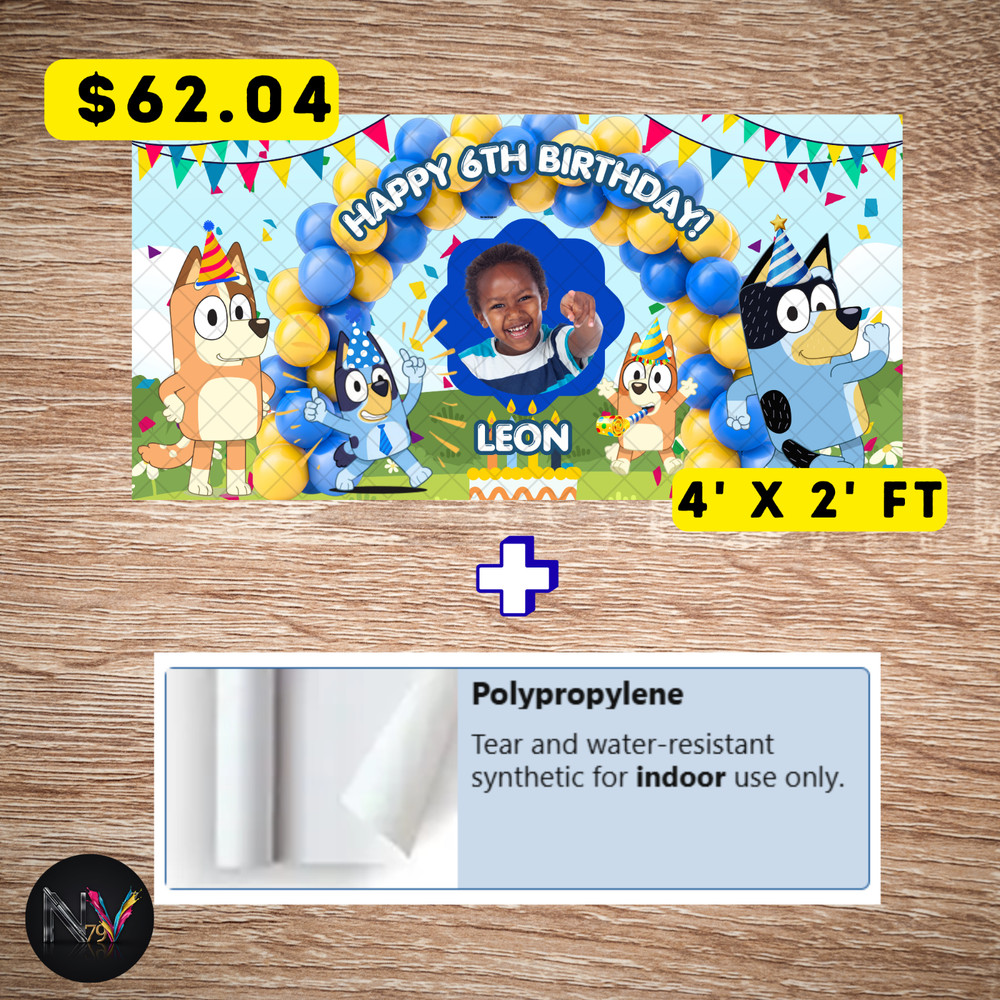Bluey Happy Birthday Custom Photo Backdrop/Banner 4×2 Ft