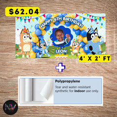Bluey Happy Birthday Custom Photo Backdrop/Banner 4×2 Ft