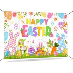 Happy Easter Banner Backdrop Spring Bunny Rabbit White Rustic Wooden Wall Photo