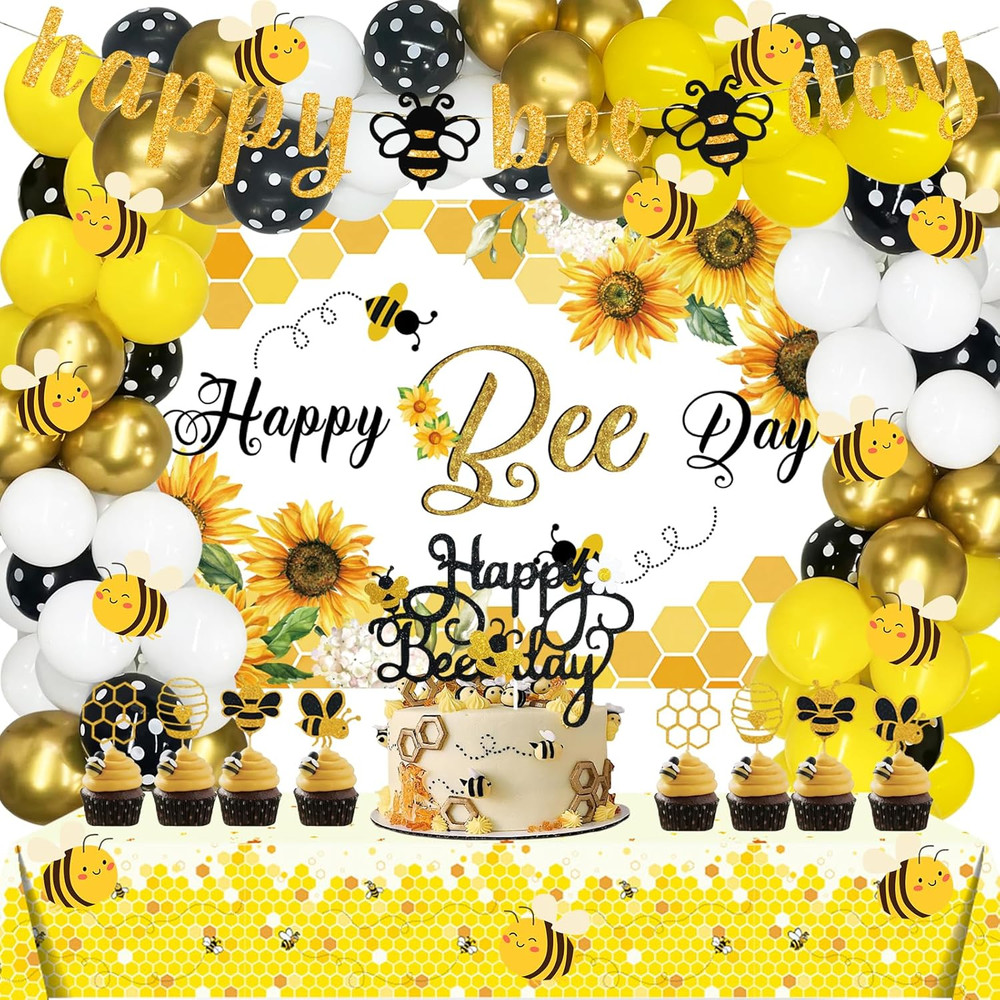 Happy Bee Day Themed Birthday Party Decorations – 158 Pcs Backdrop, Balloon Garl
