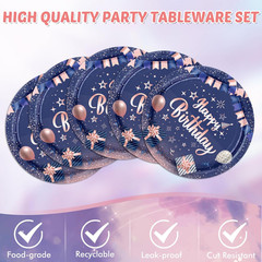 41Pcs Navy Blue Rose Gold Birthday Decorations Happy Birthday Party Tableware Se