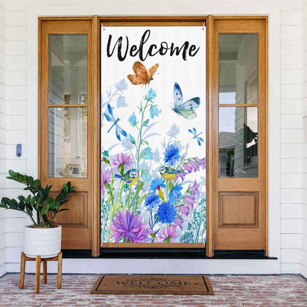 Spring Summer Welcome Door Cover Banner Decoration Bird Flower Banner Backdrop P