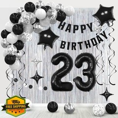 Ashmole 23th Birthday Banner Balloons Black Silvery