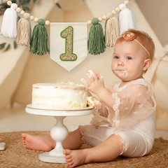 Wild One 1st Green White Highchair Banner Handmade Wood Bead Tassel Garland Birt