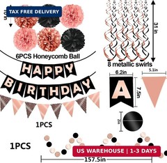 FECEDY Rose Gold Black Theme Happy Birthday Banner Flag Bunting Paper Circle Con
