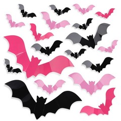 24/48 Pcs Pink 3D Bat Wall Stickers Halloween Window Party Decorations