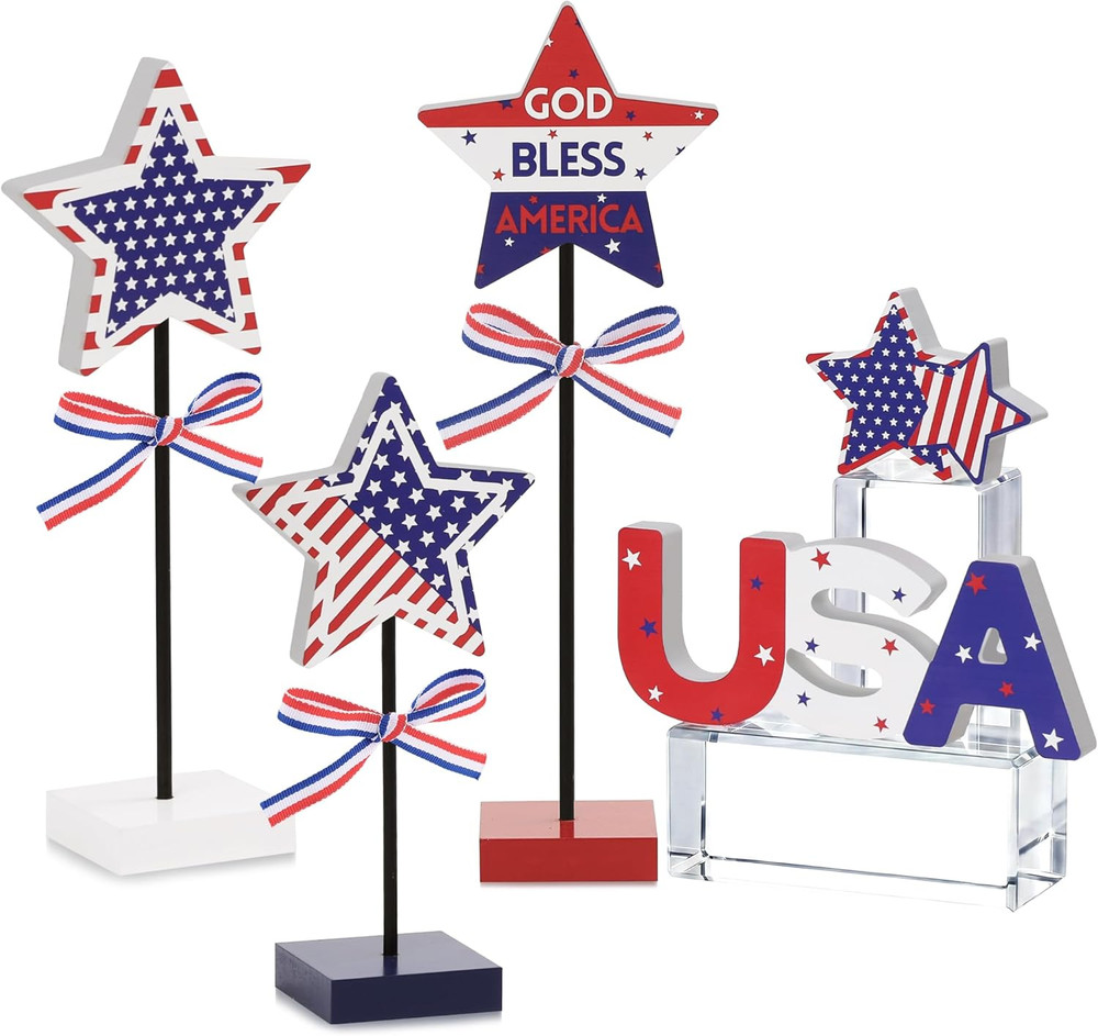 5Pcs 4Th of July Table Decorations Wooden Star Set, Patriotic Memorial Day Table