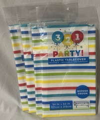 Four (4) Plastic Table Covers Multicolor Stripes 54″ x 84”
