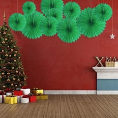 20 PCS Green Hanging Paper Fans Tissue Rosettes Birthday Party Decor Supplies