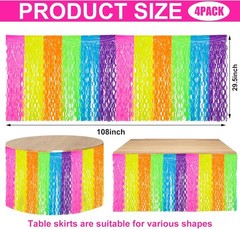 4 Pack Neon Tinsel Foil Fringe Table Skirts 108 x 29.5 Inch Glow in The Dark