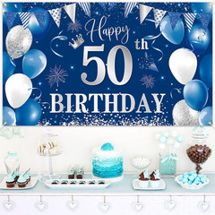 50Th Birthday Banner Backdrop, Happy 50Th Birthday Decorations,Blue Silver Fabri
