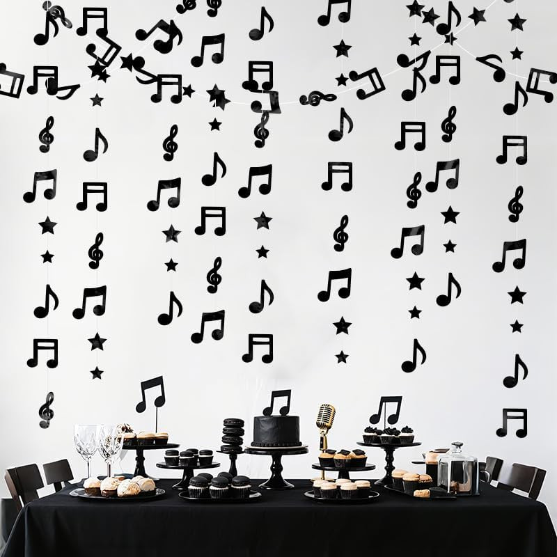 Black Shimmering Musical Note Star Hanging Garland Black Music Theme Party Hangi