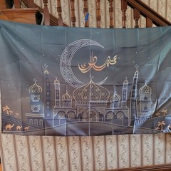 Ramadan Eid Mosque Banner Navy Gold Islam Wall Decor Tapestry 6×3.5ft NEW