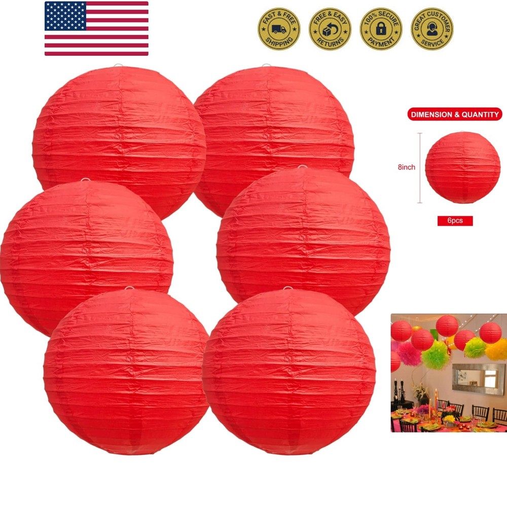 High-Quality 8-Inch Red Round Paper Lanterns for Weddings & Parties – 6 Count
