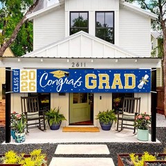Large Graduation Banner Class of 2026 – Blue Gold Congrats Grad Yard Sign Decor