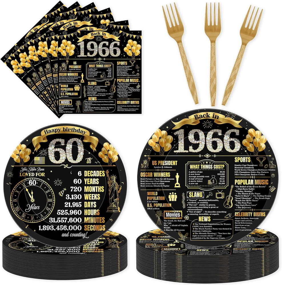 96 Pcs 60Th Birthday Decorations for Women Men, Black Gold Vintage Back in 1966
