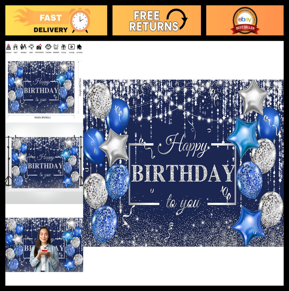 8x6ft Blue Birthday Backdrop with Silver Glitter & Balloons – Party Photo Booth
