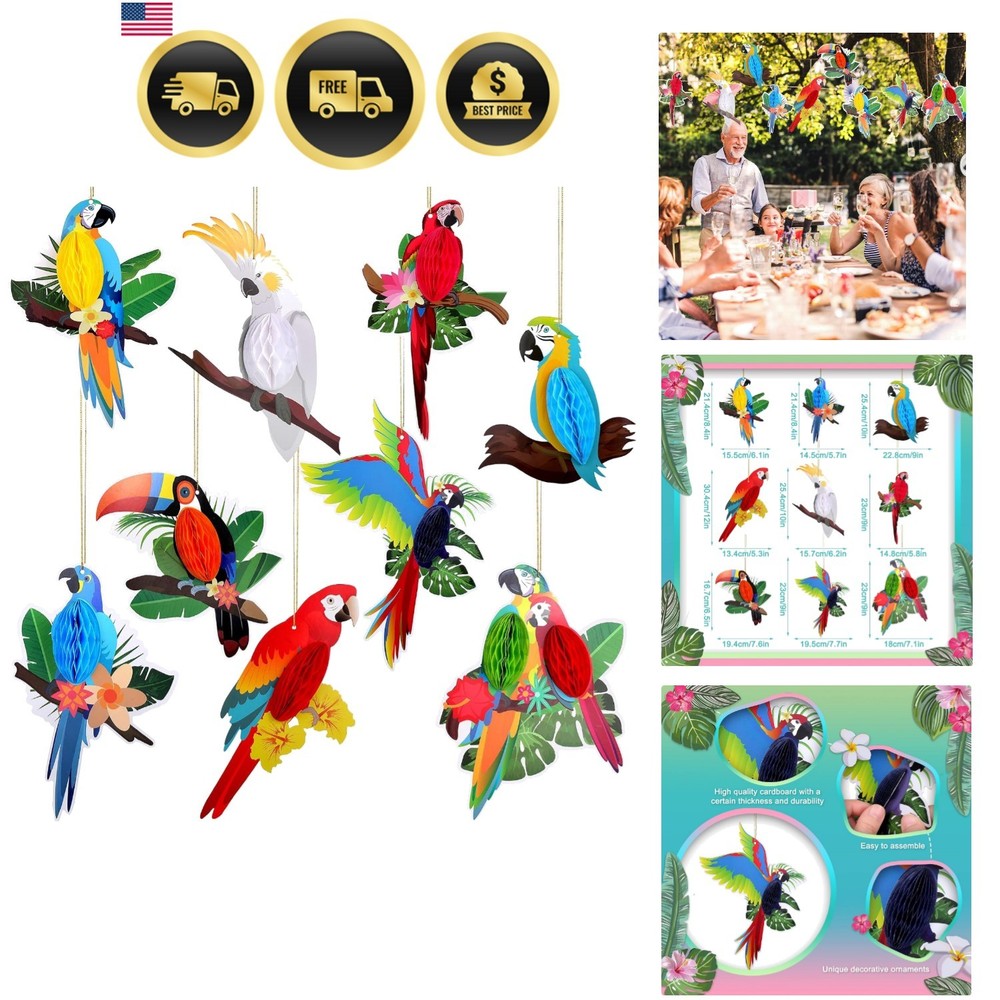 Vibrant Tropical Birds Honeycomb Cutouts – 9 Count for Hawaiian Parties