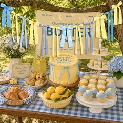 Butter Themed Bow Garland Banner – Blue Yellow Gingham Ribbon – Decor