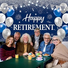 Blue Silver Happy Retirement Banner Large Retirement Party Banner Backdrop for I