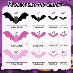 24/48 Pcs Pink 3D Bat Wall Stickers Halloween Window Party Decorations