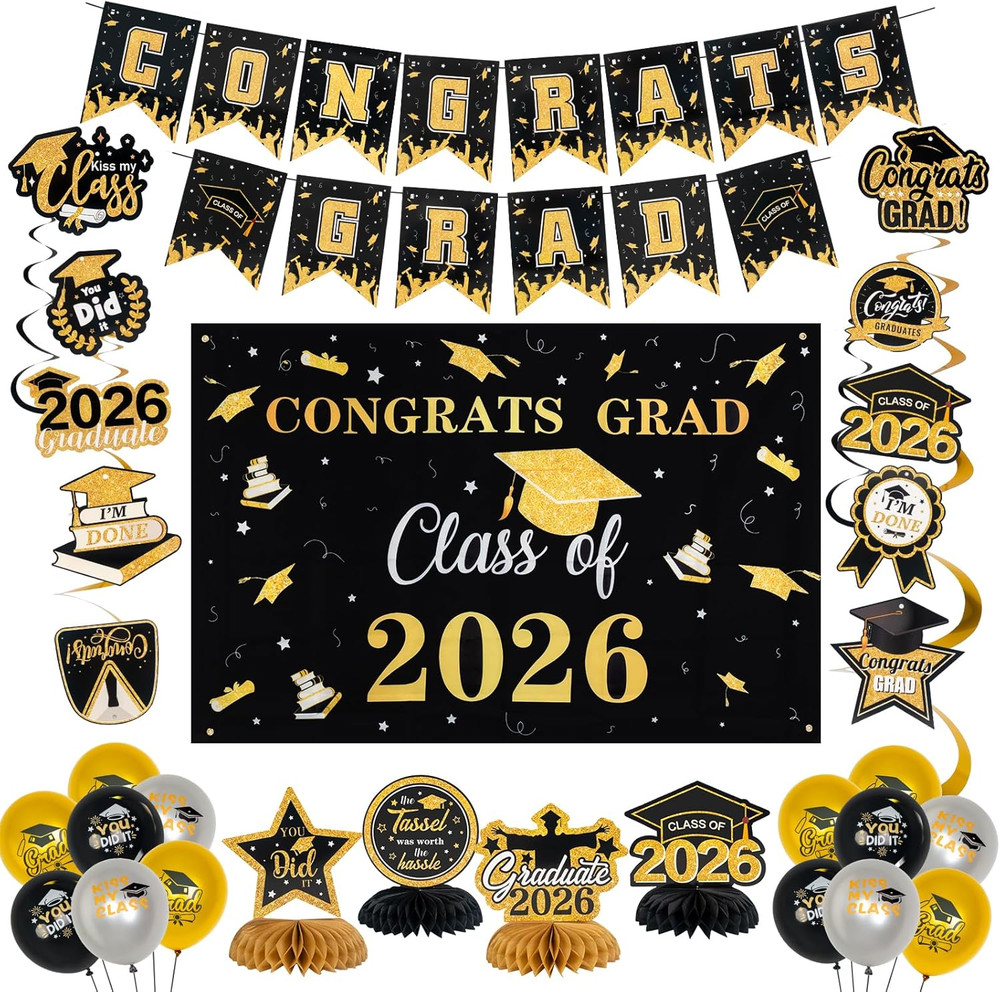 Graduation Decorations Set Class of 2026 Backdrop Congrats Grad Banner