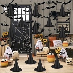 12pcs Halloween Black Witch Hat with 157 FT Nylon Cord &120pcs Bat Sticker