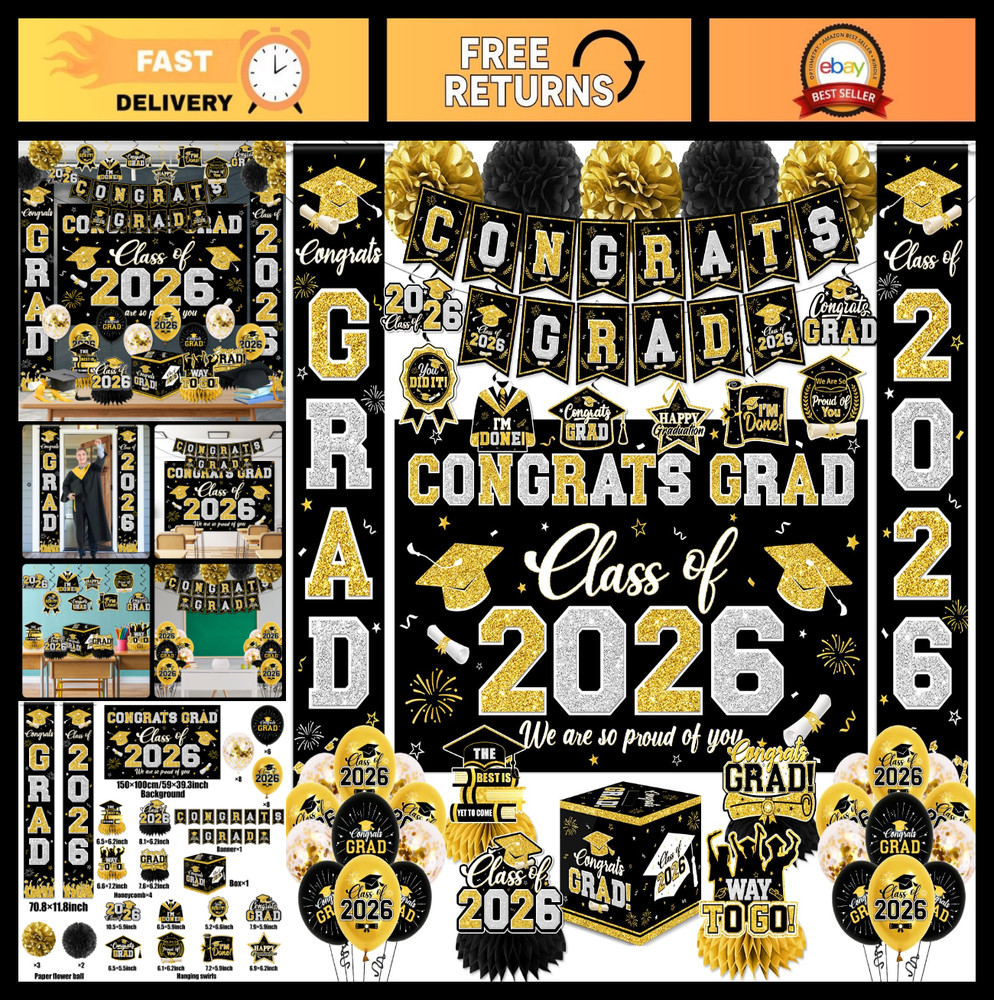 Class of 2026 Graduation Decorations – Black & Gold Party Set with Banner, Backd