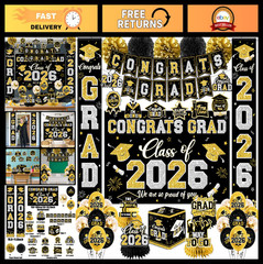 Class of 2026 Graduation Decorations – Black & Gold Party Set with Banner, Backd