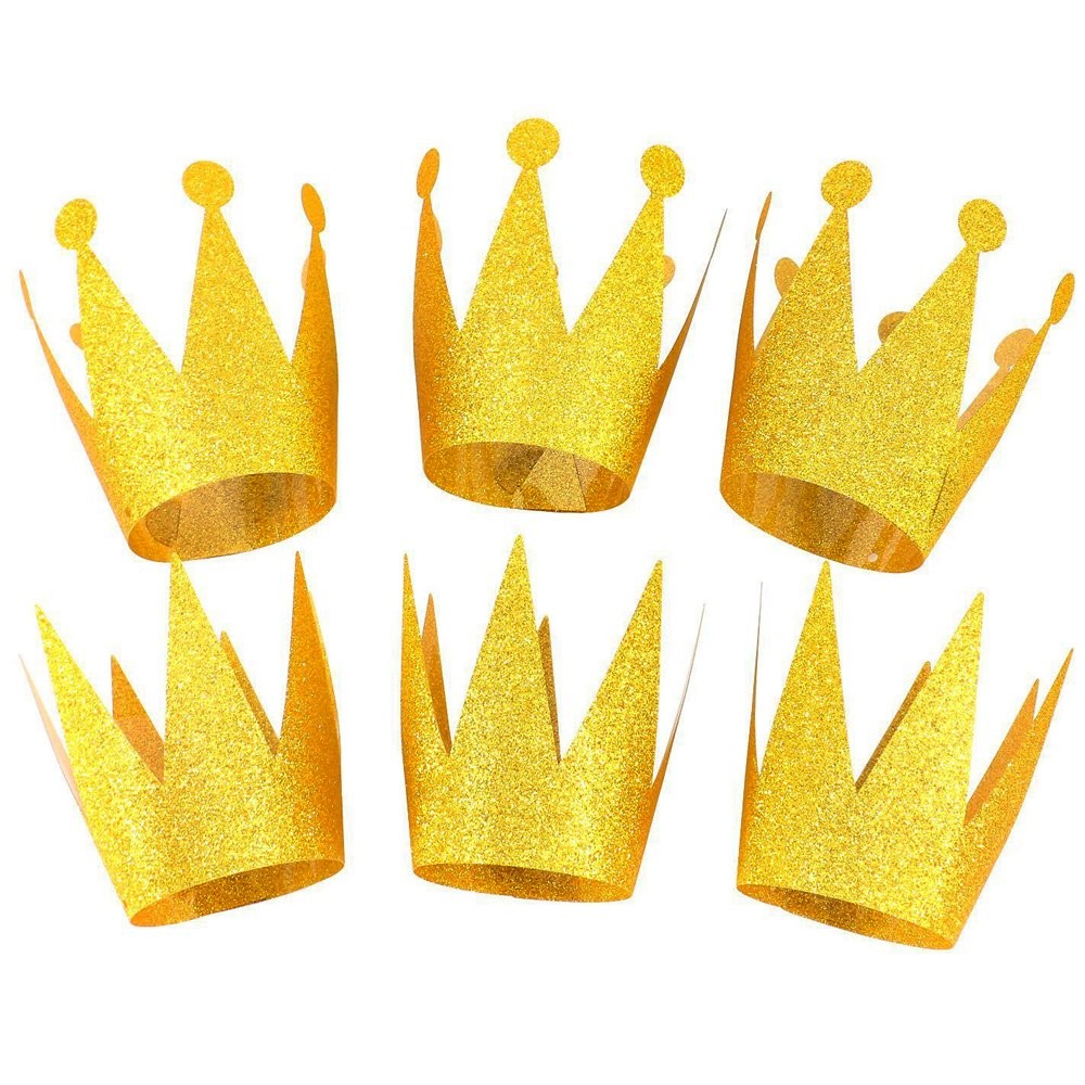 Gold Party Crowns for Kids 6 Pack, Mini Glitter Paper Hats, Prince and Prince…