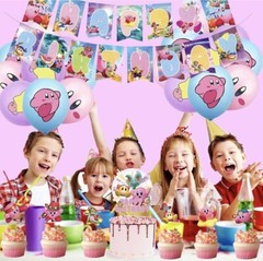 Kirby Star Allies Theme Birthday Party Decorate Set,Balloons Banner Cake Toppers
