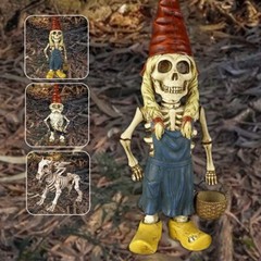 Skeleton Gnome Garden Statue – Skeleton Figurine with Dog Skull & Bones Decor