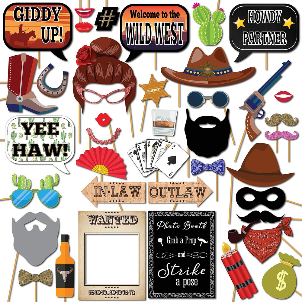Western Photo Booth Props – 41-Pc Photo Prop Kit with 8 X 10-Inch Sign, 60 Adhes