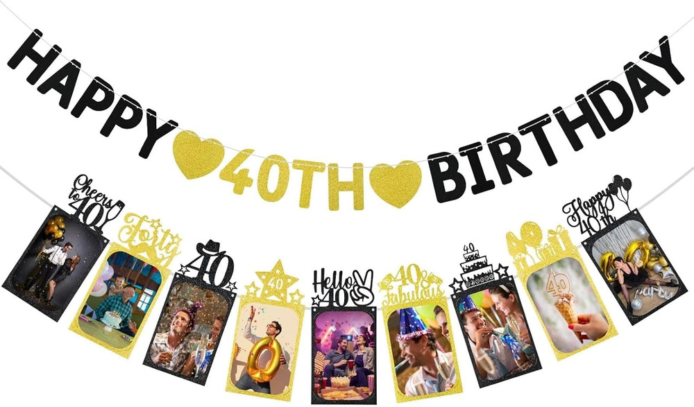 Happy 40Th Birthday Photo Banner Decorations for Approaching 40 Years Old, Black