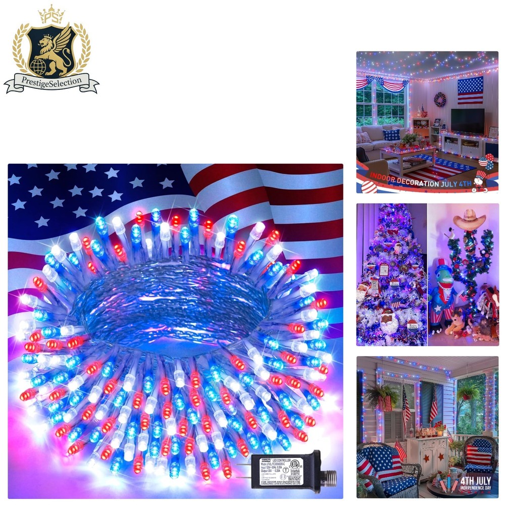 Vibrant Red, White & Blue LED Lights – 33ft 100 Bulbs, Waterproof Holiday Decor