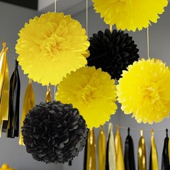 15 Pcs Black and Yellow Tissue Paper Pom Poms Flowers Bee Theme Party Decor