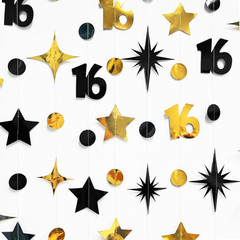 Black Gold 16Th Birthday Decorations Number 16 Circle Dot Twinkle Star Garland S